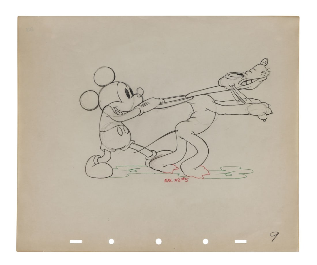 SOCIETY DOG SHOW (SHORT, 1939) - Mickey Pulling Pluto Back Original Production Drawing: SOCIETY DOG SHOW (SHORT, 1939) - Mickey Pulling Pluto Back Original Production Drawing - A superb original production drawing of Mickey and Pluto from Society Dog Show, one of the most warmly comic Di