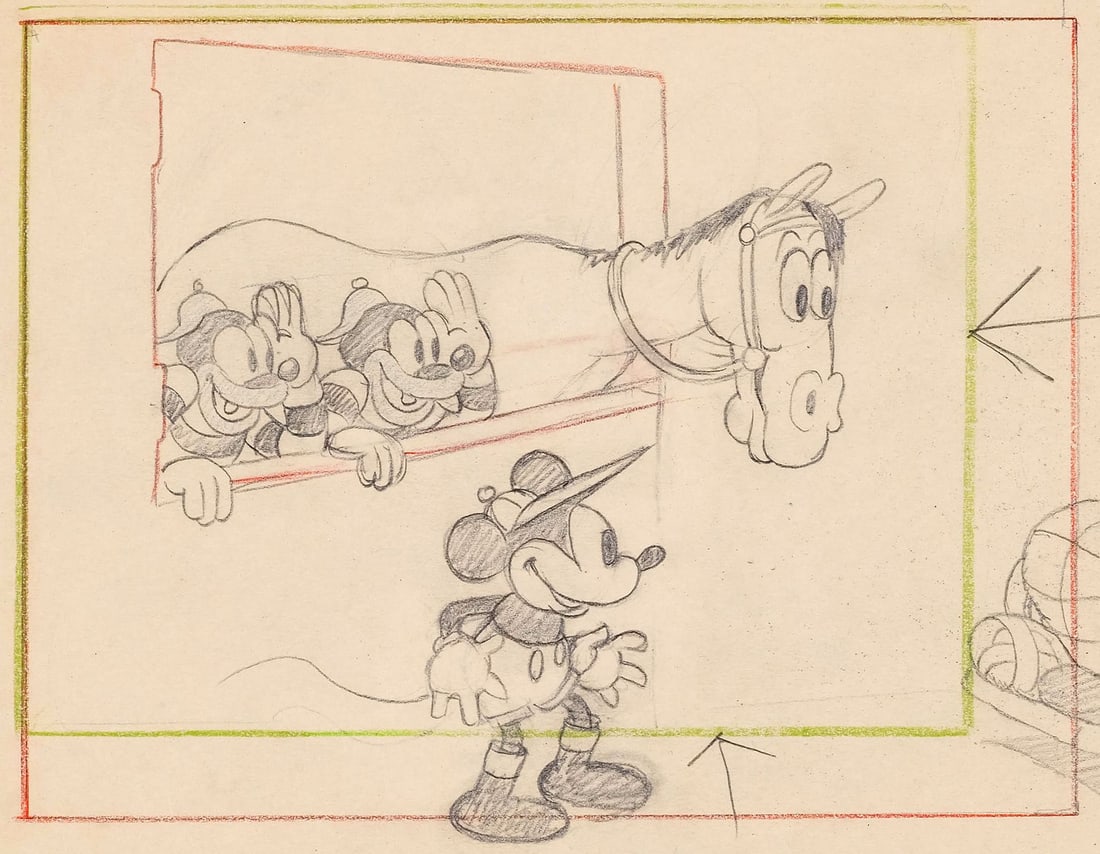 STEEPLE CHASE, THE (SHORT 1933) - Mickey Original Camera Layout Drawing: STEEPLE CHASE, THE (SHORT 1933) - Mickey Original Camera Layout Drawing - Mickey stands centre stage as the jockey of The Steeplechase, a half-pint figure in racing silks looking up at the two stable 