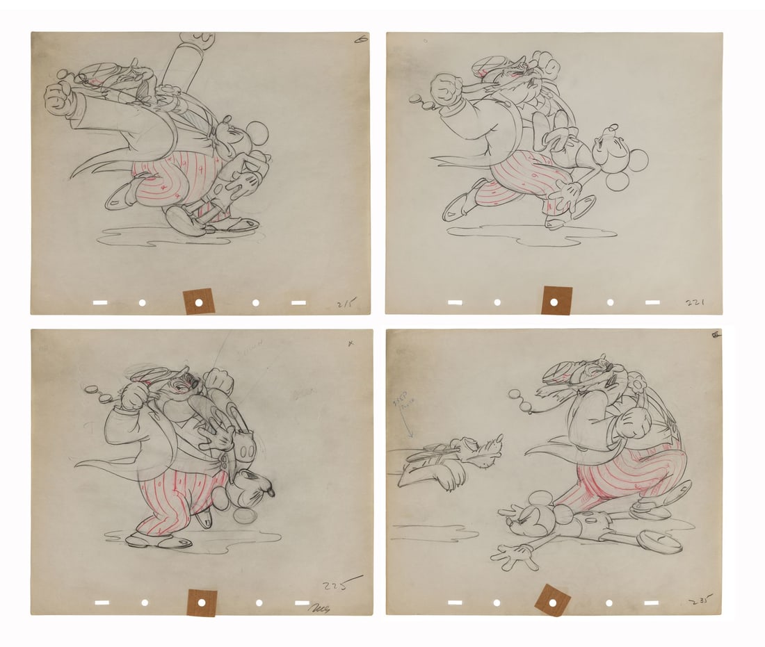 SOCIETY DOG SHOW (SHORT, 1939) - Mickey Mouse, Pluto and The Judge set of Four Original production: SOCIETY DOG SHOW (SHORT, 1939) - Mickey Mouse, Pluto and The Judge set of Four Original production drawings - Four beautiful consecutive production drawings of Mickey Mouse, Pluto, and the Judge from 