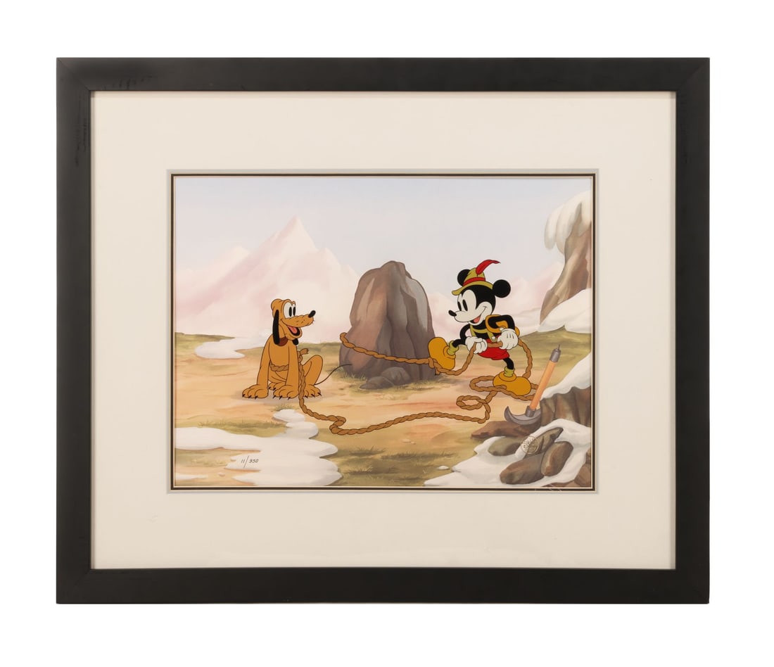 WALT DISNEY ANIMATION STUDIOS - Alpine Climbers Hand-Painted Limited Edition No. 11/950 on Studio: WALT DISNEY ANIMATION STUDIOS - Alpine Climbers Hand-Painted Limited Edition No. 11/950 on Studio Printed Lithographic Background Framed - Mickey and Pluto take to the mountains in this hand-painted l