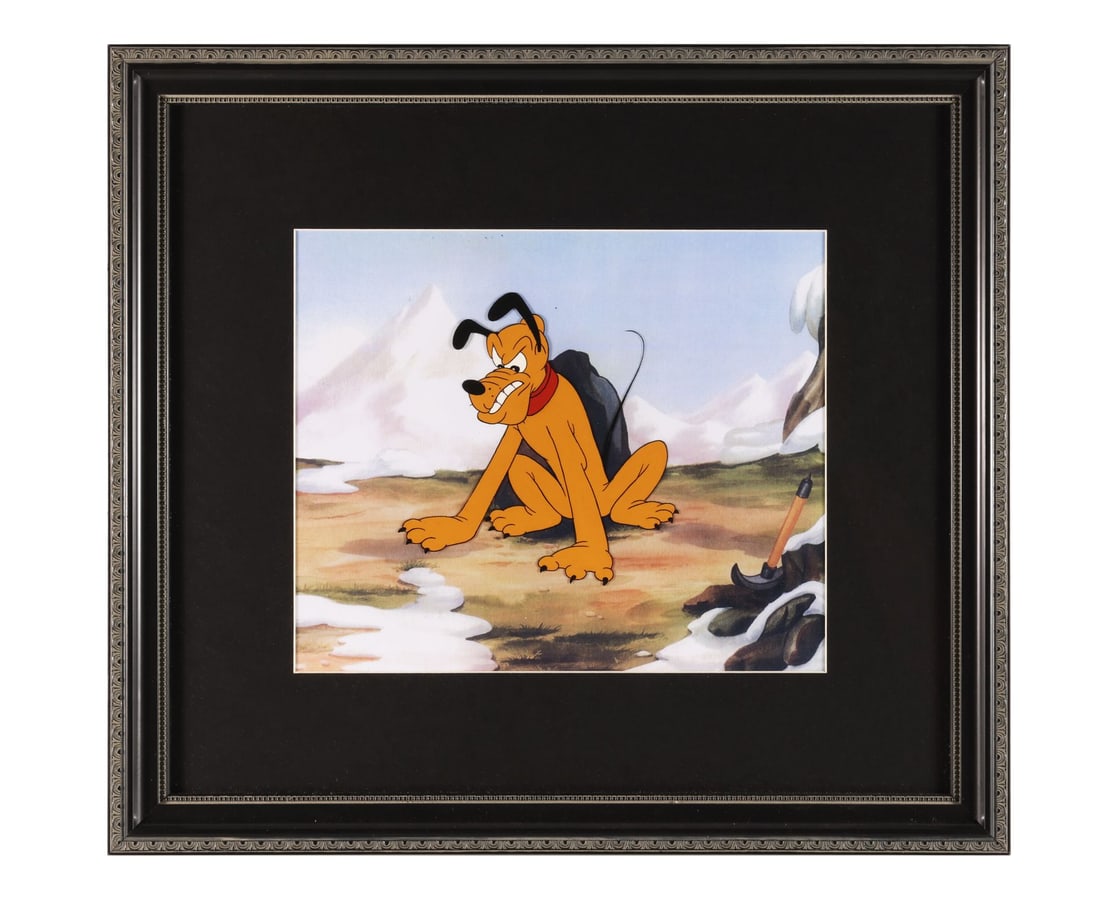 WALT DISNEY ANIMATION STUDIOS - Pluto Hand-Painted Publicity Cel: WALT DISNEY ANIMATION STUDIOS - Pluto Hand-Painted Publicity Cel - Pluto bares his teeth high in the snow, hackles up, and the whole appeal of this cel is in that face: a big, broad, unmistakably Plut