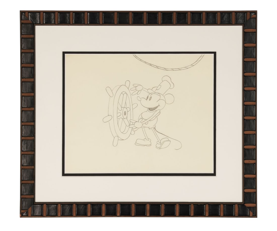 WALT DISNEY ANIMATION STUDIOS - Mickey Mouse Steamboat Willie Original Preliminary Drawing Framed: WALT DISNEY ANIMATION STUDIOS - Mickey Mouse Steamboat Willie Original Preliminary Drawing Framed - Mickey stands at the ship's wheel, whistling, one hand raised, the rope swinging overhead, the pose 