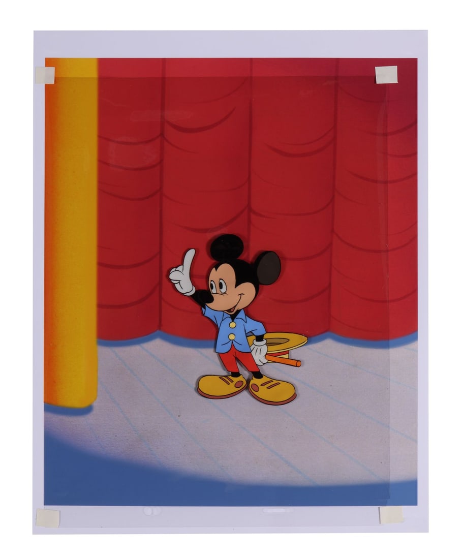 WALT DISNEY'S WONDERFUL WORLD OF COLOR (1954) - Mickey Mouse Original Production Cel on Printed: WALT DISNEY'S WONDERFUL WORLD OF COLOR (1954) - Mickey Mouse Original Production Cel on Printed Presentation Background - Mickey stands centre stage in a smart jacket and trousers, his boater hat tuck