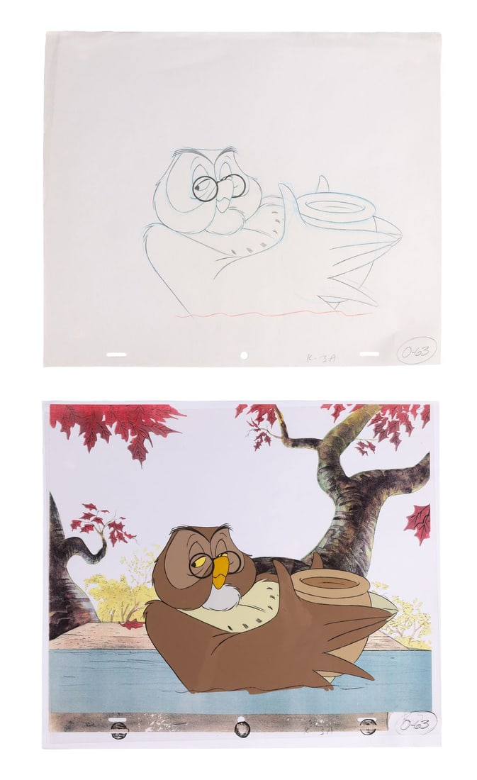 WINNIE THE POOH AND A DAY FOR EEYORE (1983) - Owl Original Production Cel and Matching Drawing on: WINNIE THE POOH AND A DAY FOR EEYORE (1983) - Owl Original Production Cel and Matching Drawing on Printed Presentation Background - Owl holds Winnie the Pooh's honey pot in this pairing from Winnie th