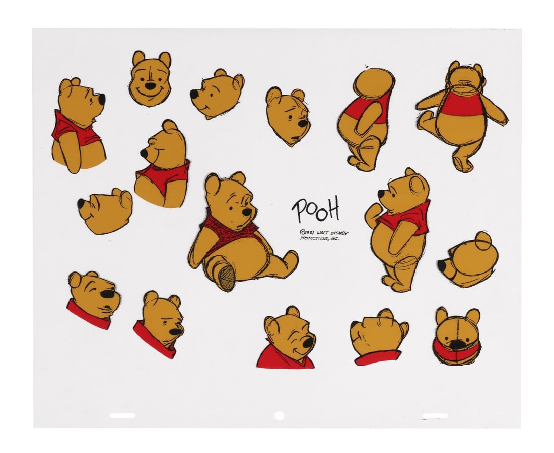 WALT DISNEY ANIMATION STUDIOS - Winnie the Pooh Hand-Painted Model sheet: WALT DISNEY ANIMATION STUDIOS - Winnie the Pooh Hand-Painted Model sheet - Pooh is laid out here in some eighteen poses and head turns, a working reference sheet built to keep one of the most familiar