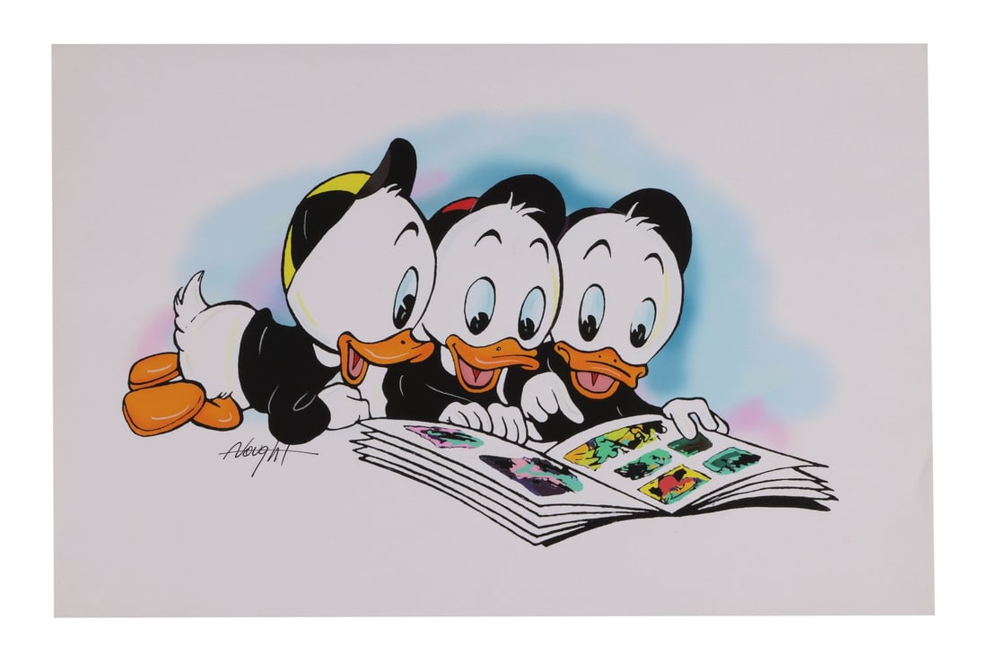 WALT DISNEY ANIMATION STUDIOS - Hand Painted Study Other from Duck Tales (Walt Disney Animation: WALT DISNEY ANIMATION STUDIOS - Hand Painted Study Other from Duck Tales (Walt Disney Animation Studios, 1990s) Signed by Allyson Vought - A superb hand-painted study of Huey, Dewey, and Louie by Ally