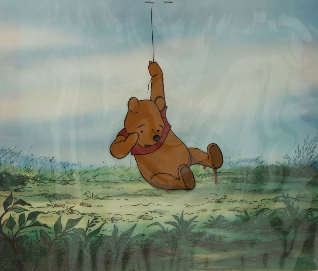 WINNIE THE POOH AND THE HONEY TREE (1966) - Winnie the Pooh Little Black Rain Cloud Original: WINNIE THE POOH AND THE HONEY TREE (1966) - Winnie the Pooh Little Black Rain Cloud Original Production Cel on Disneyland Art Corner Printed Background - Pooh dangles from his balloon string over the 