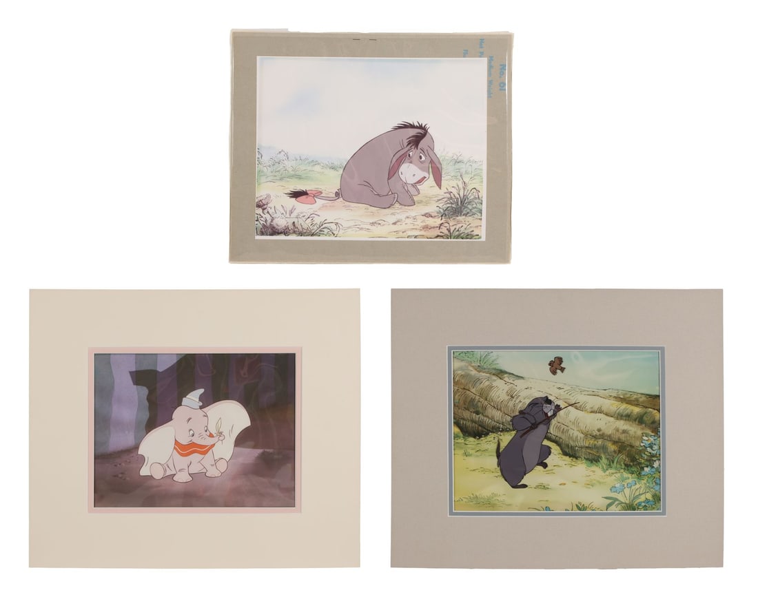 WINNIE THE POOH AND THE HONEY TREE (1966) - Gopher and Owl Original Production Cel on Disneyland Art: WINNIE THE POOH AND THE HONEY TREE (1966) - Gopher and Owl Original Production Cel on Disneyland Art Corner Printed Background and Two Disneyland Art Corner Collector's Prints of Eeyore and Dumbo - Go