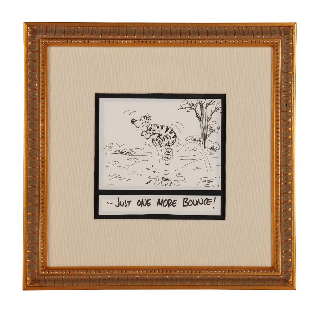 WINNIE THE POOH AND TIGGER TOO (1974) - Tigger Original Storyboard Drawing with Dialogue Title: WINNIE THE POOH AND TIGGER TOO (1974) - Tigger Original Storyboard Drawing with Dialogue Title Framed - Tigger bounces clean off the springing coil of his own tail here, mid-air and mid-grin, with the