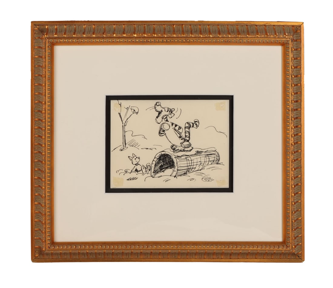MANY ADVENTURES OF WINNIE THE POOH, THE (1977) - Tigger and Piglet Storyboard Drawing Framed: MANY ADVENTURES OF WINNIE THE POOH, THE (1977) - Tigger and Piglet Storyboard Drawing Framed - Tigger has bounced onto the fallen log and thrown his head back to call out a long "Hellooooo" across the