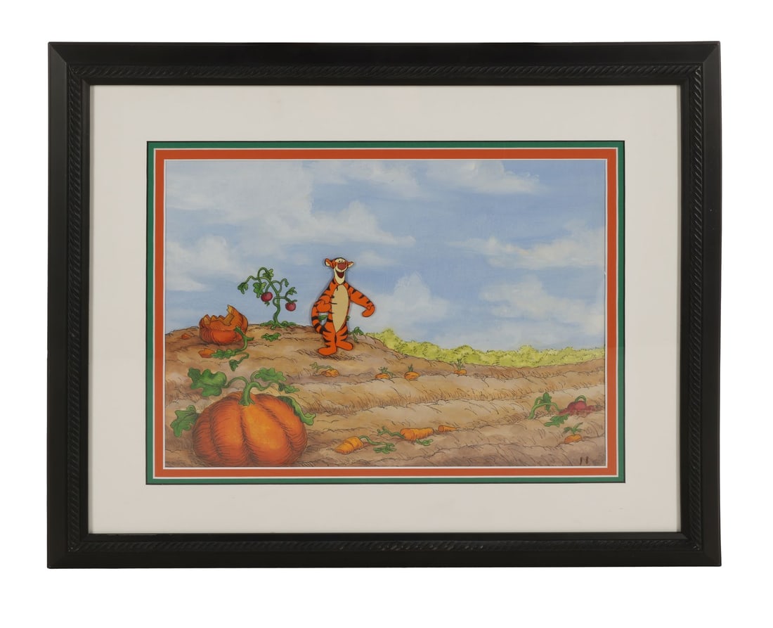WINNIE THE POOH AND TIGGER TOO (1974) - Tigger Original Production Cel on Printed Presentation: WINNIE THE POOH AND TIGGER TOO (1974) - Tigger Original Production Cel on Printed Presentation Background Framed - Tigger stands full-figure in a pumpkin patch, hands ready, the bounciest of the Hundr