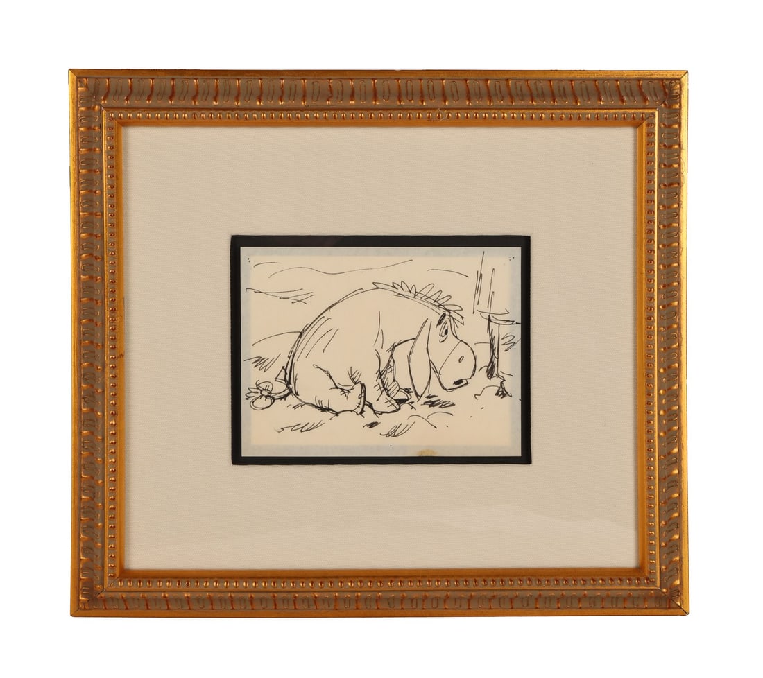 WINNIE THE POOH AND TIGGER TOO (1974) - Eeyore Original Storyboard Drawing Framed: WINNIE THE POOH AND TIGGER TOO (1974) - Eeyore Original Storyboard Drawing Framed - Eeyore sits low in the snow here, head hung, his tacked-on tail with its little bow looped behind him, drawn in work