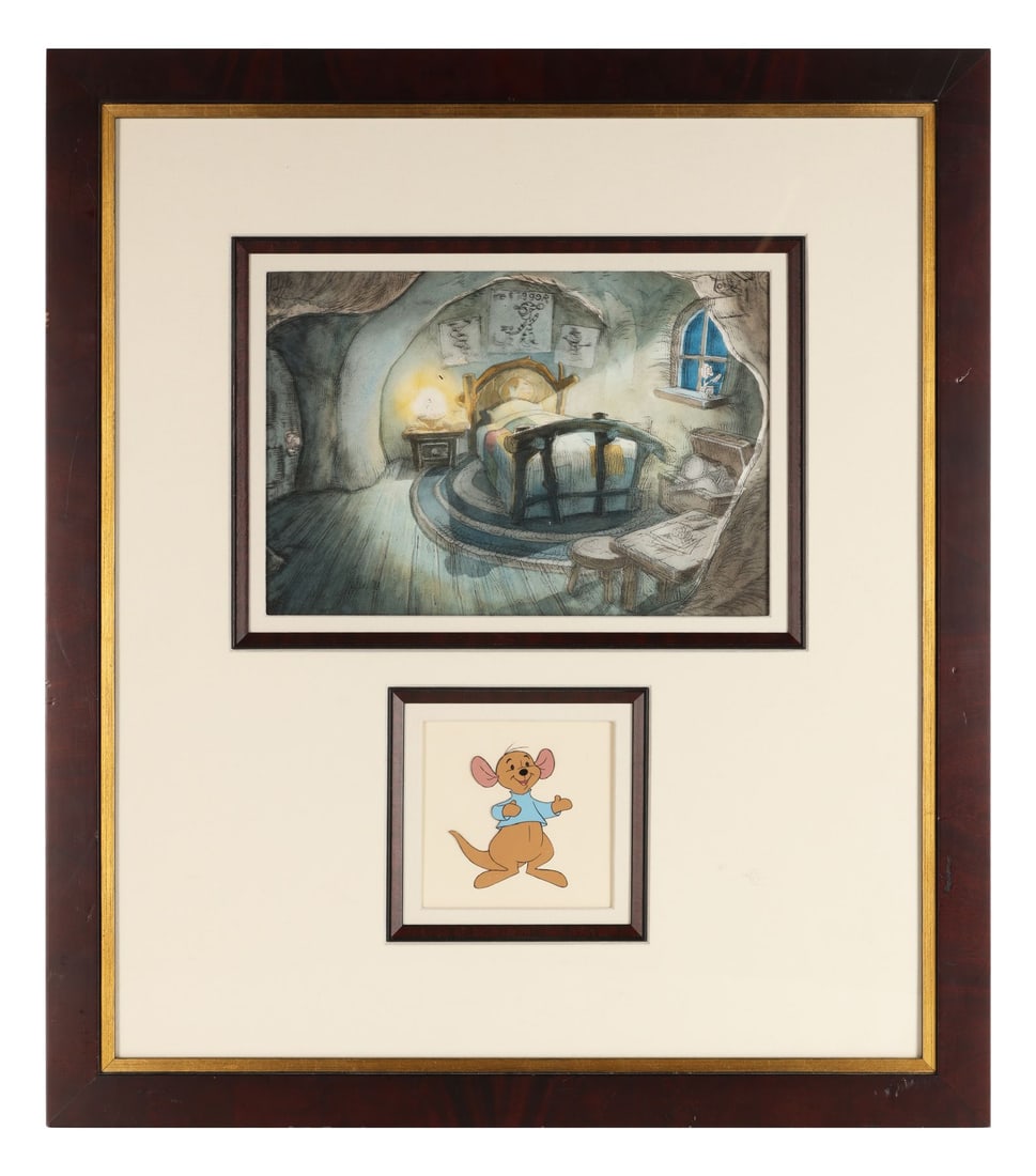 WINNIE THE POOH AND TIGGER TOO (1974) - Roo and Roo's Bedroom Original Production Cel and: WINNIE THE POOH AND TIGGER TOO (1974) - Roo and Roo's Bedroom Original Production Cel and Hand-Painted Key Master Production Background Framed - Roo waves from his own production cel, the little kanga