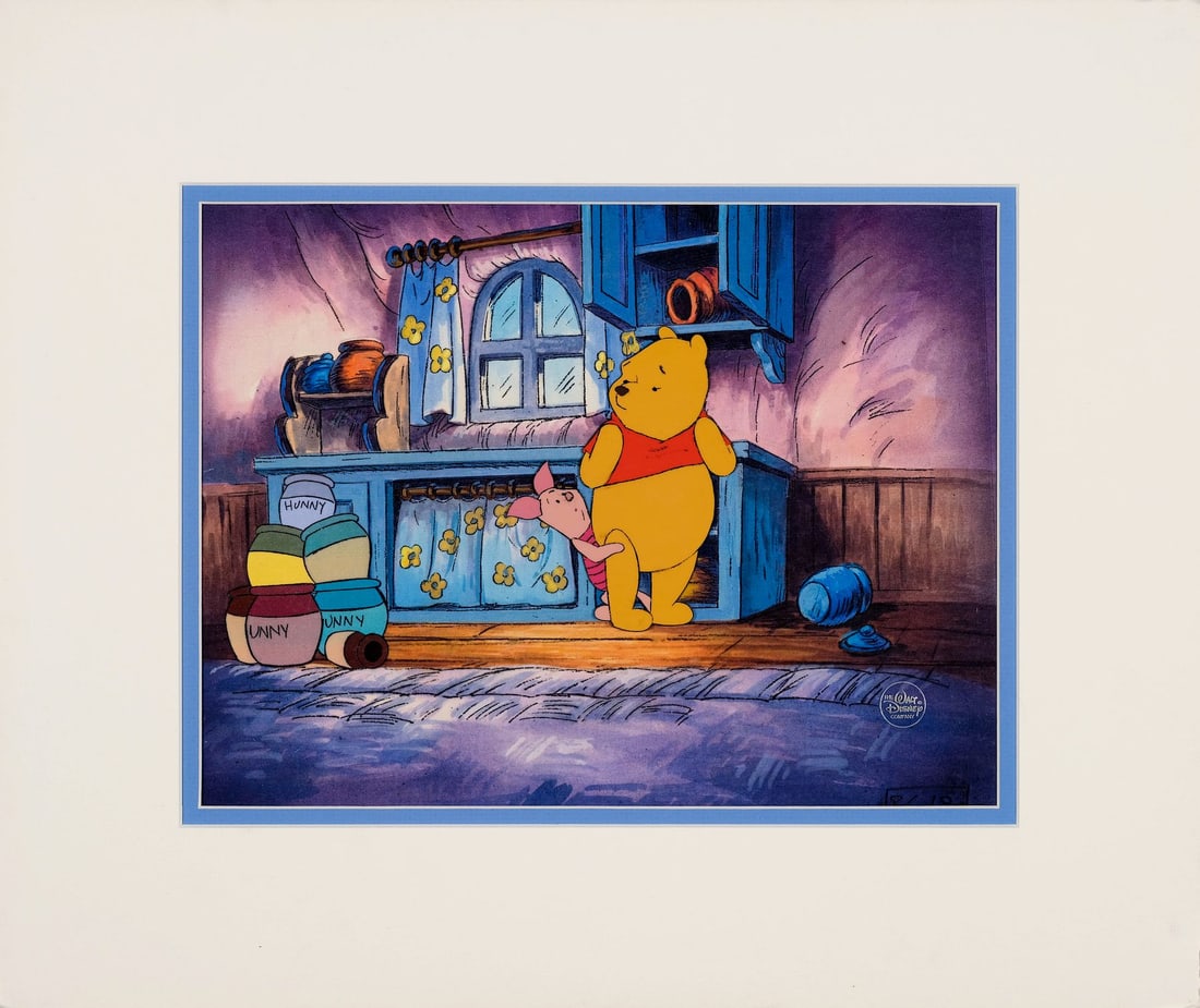 NEW ADVENTURES OF WINNIE THE POOH, THE (TV SERIES, 1988-1991) - Winnie the Pooh and Piglet Original: NEW ADVENTURES OF WINNIE THE POOH, THE (TV SERIES, 1988-1991) - Winnie the Pooh and Piglet Original Production Cel on Printed Presentation Background Matted - Pooh and Piglet stand together in Pooh's 