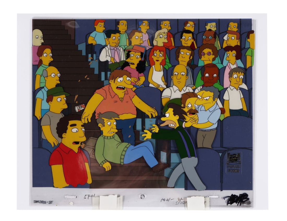 SIMPSONS, THE (TV SERIES, 1989-PRESENT) - Skinner, Lenny Flanders, Moe and Barney Original: SIMPSONS, THE (TV SERIES, 1989-PRESENT) - Skinner, Lenny Flanders, Moe and Barney Original Production Cel from "The Cartridge Family" on Studio Printed Lithographic Background - The boredom of a goall