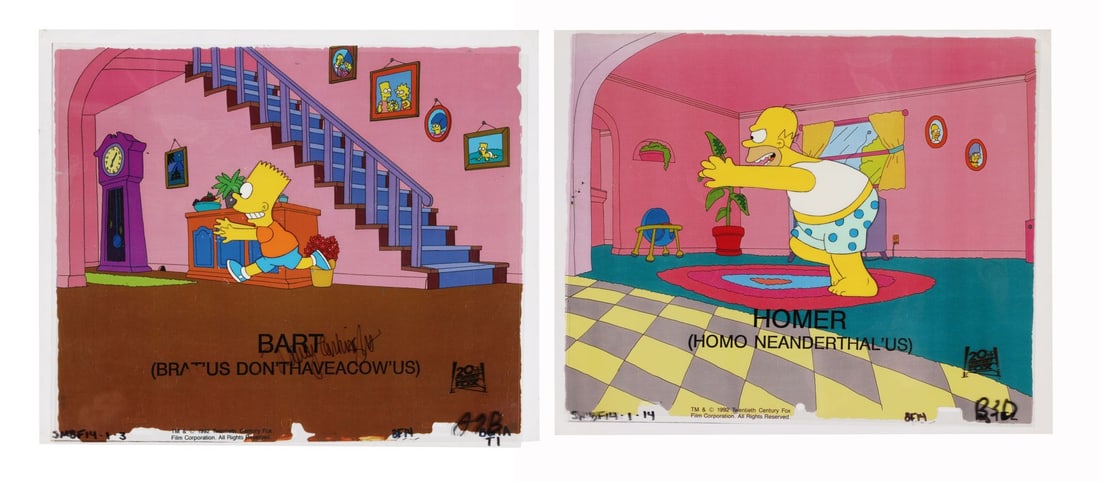SIMPSONS, THE (TV SERIES, 1989-PRESENT) - Bart and Homer Set of Two Original Production Cels from: SIMPSONS, THE (TV SERIES, 1989-PRESENT) - Bart and Homer Set of Two Original Production Cels from "Homer Alone" on Studio Printed Lithographic Background Autographed by Nancy Cartwright - Two cels fro