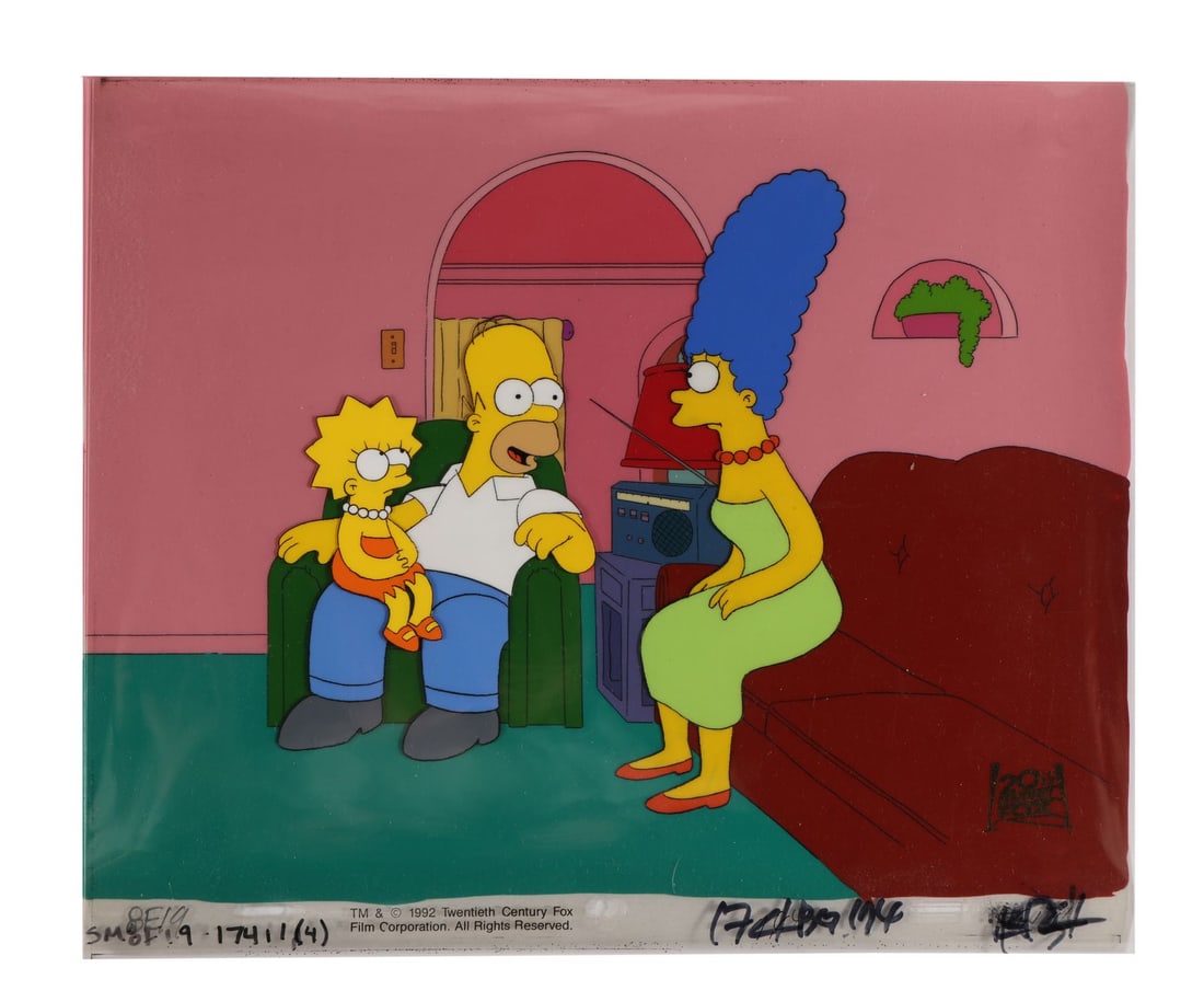 SIMPSONS, THE (TV SERIES, 1989-PRESENT) - Lisa, Homer and Marge Original Production Cels on Key: SIMPSONS, THE (TV SERIES, 1989-PRESENT) - Lisa, Homer and Marge Original Production Cels on Key Master Production Background from "Colonel Homer" - Homer is settled in his armchair with Lisa on his kn