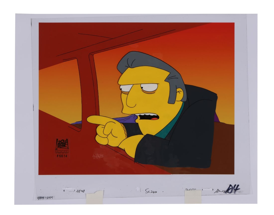 SIMPSONS, THE (TV SERIES, 1989-PRESENT) - Fat Tony Original Production Cel from "The Twisted World: SIMPSONS, THE (TV SERIES, 1989-PRESENT) - Fat Tony Original Production Cel from "The Twisted World of Marge Simpson" on Studio Printed Lithographic Background - Fat Tony leans from his car window at s