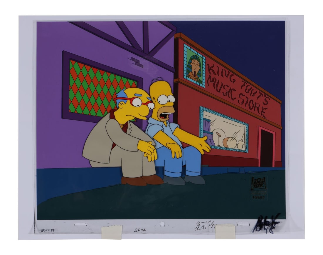 SIMPSONS, THE (TV SERIES, 1989-PRESENT) - Kirk Van Houten and Homer Simpson Original Production Cel: SIMPSONS, THE (TV SERIES, 1989-PRESENT) - Kirk Van Houten and Homer Simpson Original Production Cel from "A Milhouse Divided" on Studio Printed Lithographic Background - Kirk Van Houten leans in close