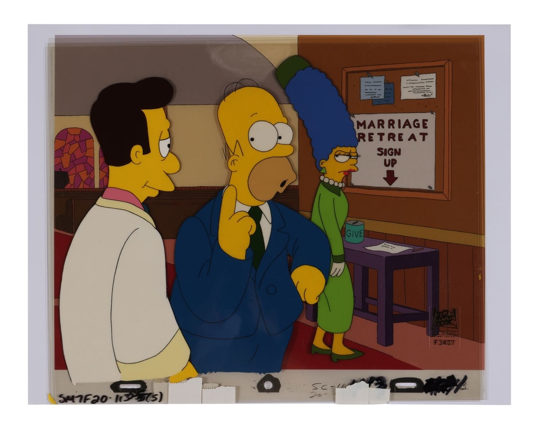 SIMPSONS, THE (TV SERIES, 1989-PRESENT) - Reverend Lovejoy, Homer and Marge Original Production Cels: SIMPSONS, THE (TV SERIES, 1989-PRESENT) - Reverend Lovejoy, Homer and Marge Original Production Cels from "The War of the Simpsons" on Studio Printed Lithographic Background - Marge marches Homer into
