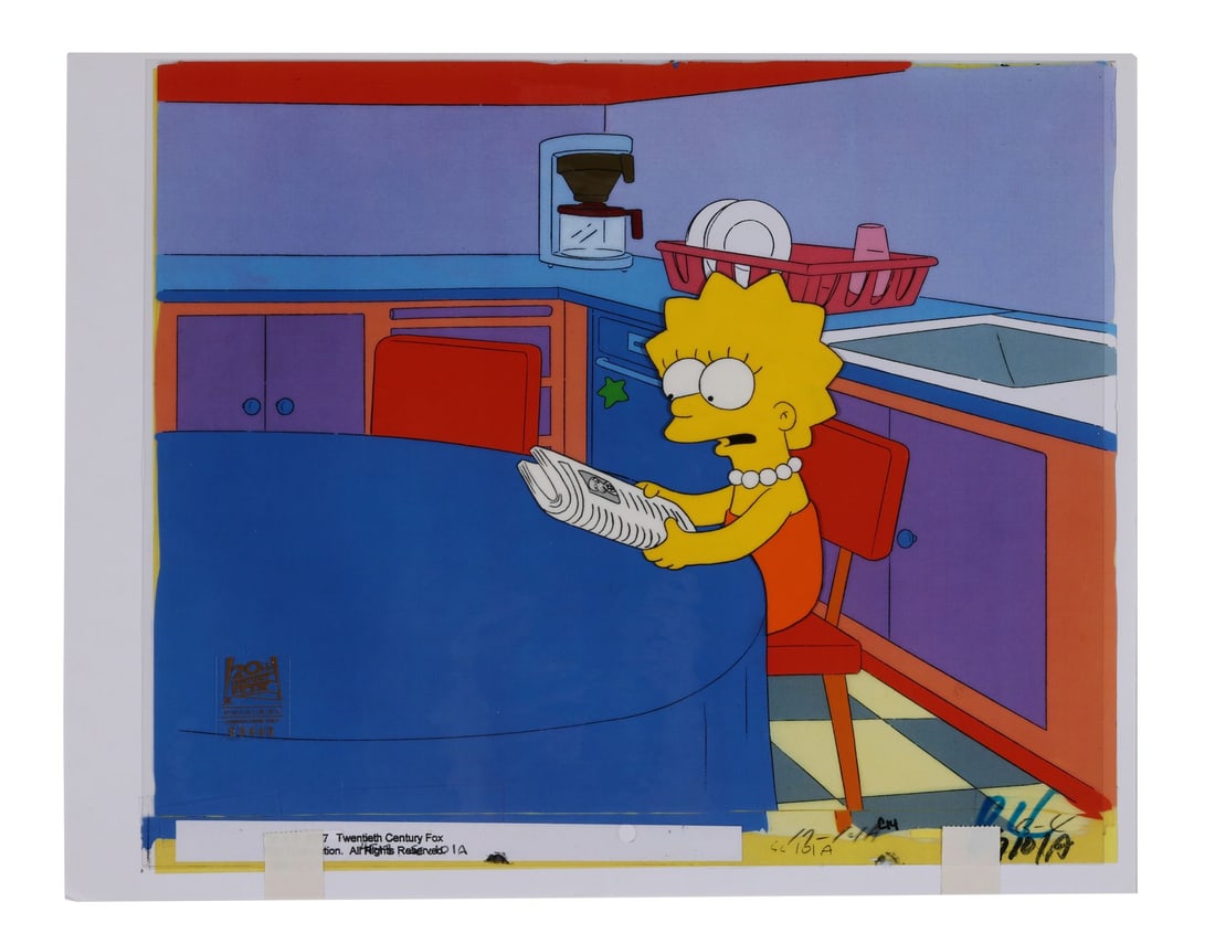 SIMPSONS, THE (TV SERIES, 1989-PRESENT) - Lisa Simpson Original Production Cel from "The Old Man and: SIMPSONS, THE (TV SERIES, 1989-PRESENT) - Lisa Simpson Original Production Cel from "The Old Man and the Lisa" on Studio Printed Lithographic Background - Lisa sits at the Simpsons kitchen table readi