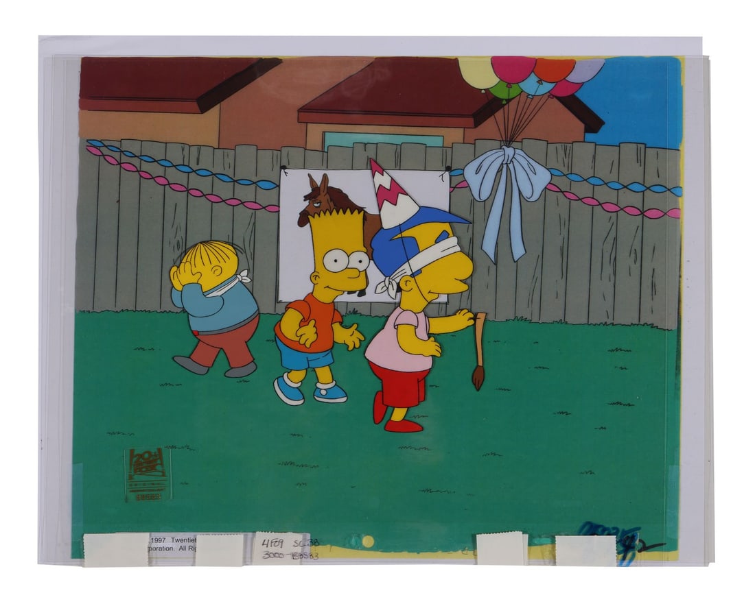 SIMPSONS, THE (TV SERIES, 1989-PRESENT) - Ralph Wiggum, Bart and Milhouse Original Production Cels: SIMPSONS, THE (TV SERIES, 1989-PRESENT) - Ralph Wiggum, Bart and Milhouse Original Production Cels from "Grade School Confidential" on Studio Printed Lithographic Background - A blindfolded Milhouse s