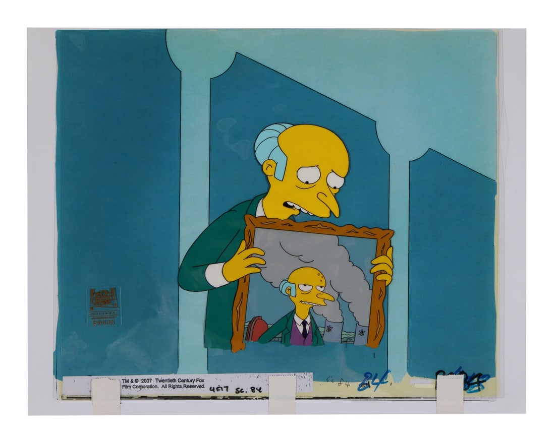 SIMPSONS, THE (TV SERIES, 1989-PRESENT) - Mr Burns from "The Old Man and the Lisa" on Studio Printed: SIMPSONS, THE (TV SERIES, 1989-PRESENT) - Mr Burns from "The Old Man and the Lisa" on Studio Printed Lithographic Background - Mr Burns holds up his own portrait here, painted standing before the smok