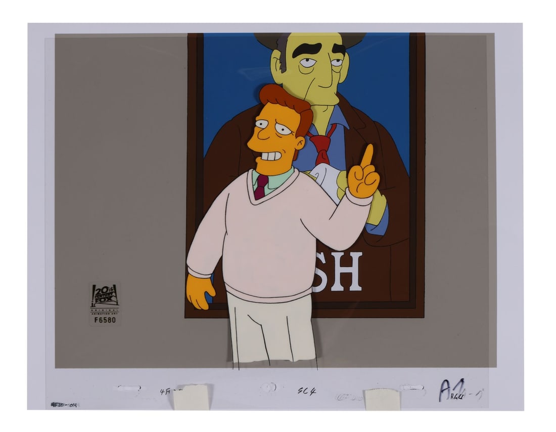 SIMPSONS, THE (TV SERIES, 1989-PRESENT) - Troy McLure from "The Simpsons Spin-off Showcase,": SIMPSONS, THE (TV SERIES, 1989-PRESENT) - Troy McLure from "The Simpsons Spin-off Showcase," Original Production Cel on Studio Printed Lithographic Background - "You may remember me from such films as