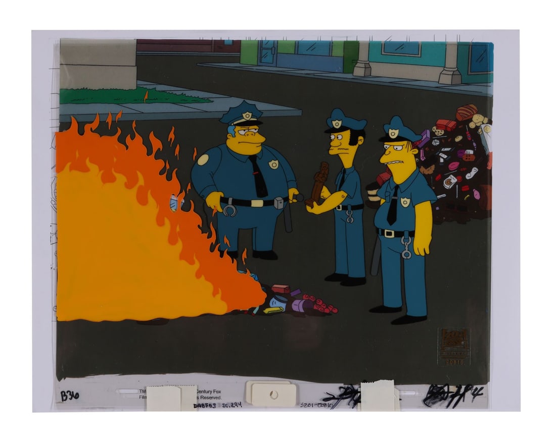 SIMPSONS, THE (TV SERIES, 1989-PRESENT) - Chief Wiggum, Lou and Eddie Original Production Cels from: SIMPSONS, THE (TV SERIES, 1989-PRESENT) - Chief Wiggum, Lou and Eddie Original Production Cels from "Sweets and Sour Marge" on Studio Printed Lithographic Background - Chief Wiggum, Lou and Eddie work