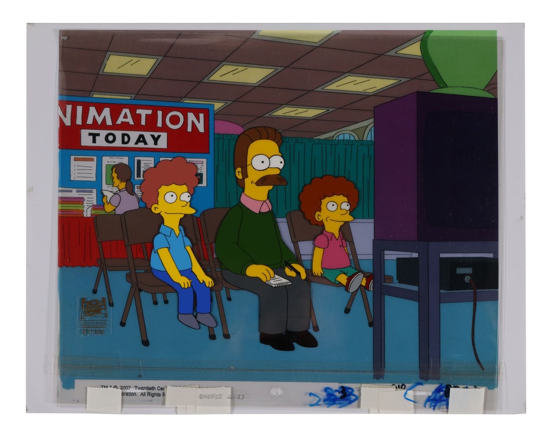 SIMPSONS, THE (TV SERIES, 1989-PRESENT) - Flanders with Rod and Todd Original Production Cels from: SIMPSONS, THE (TV SERIES, 1989-PRESENT) - Flanders with Rod and Todd Original Production Cels from "HOM?" on Studio Printed Lithographic Background - Ned Flanders has brought Rod and Todd to a seminar