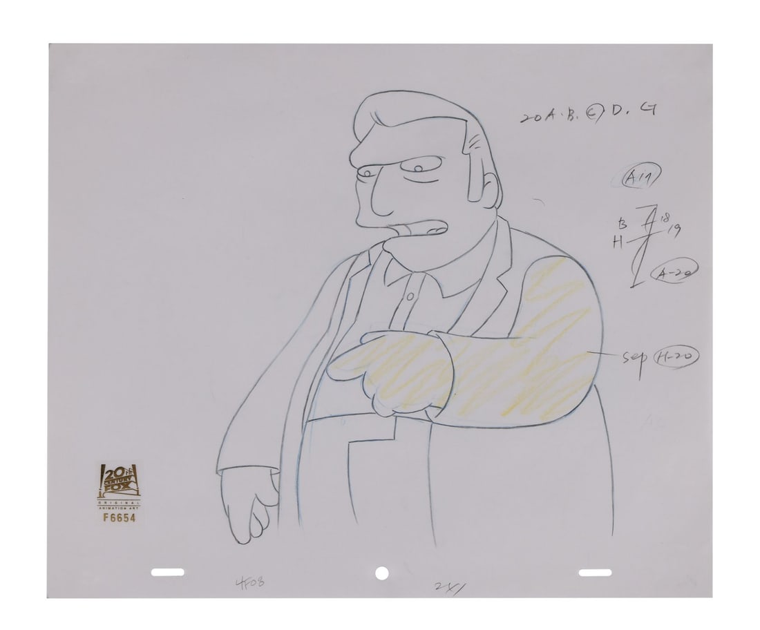SIMPSONS, THE (TV SERIES, 1989-PRESENT) - Fat Tony Original Production Drawing from "The Twisted: SIMPSONS, THE (TV SERIES, 1989-PRESENT) - Fat Tony Original Production Drawing from "The Twisted World of Marge Simpson" - Fat Tony stands mid-gesture here, one hand drawn into a loose pointing fist a