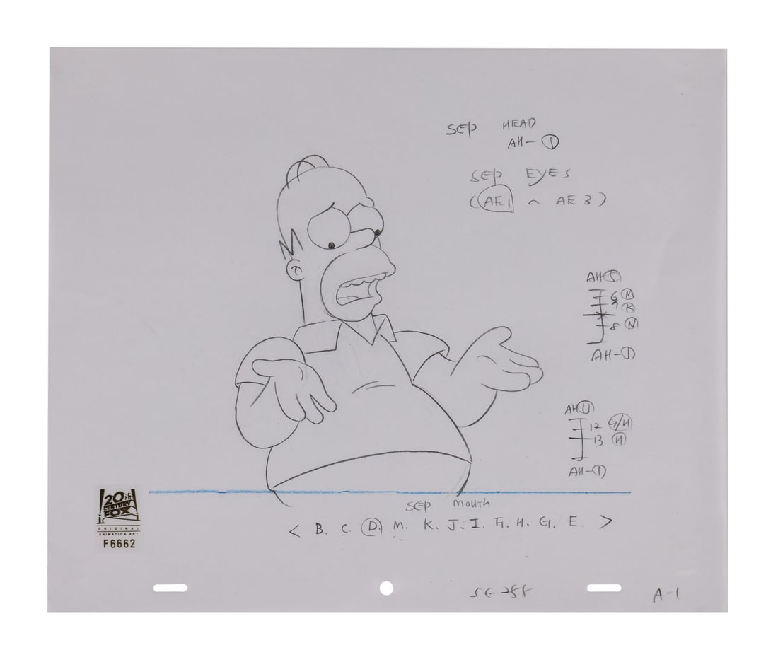 SIMPSONS, THE (TV SERIES, 1989-PRESENT) - Homer Simpson Original Production Drawing: SIMPSONS, THE (TV SERIES, 1989-PRESENT) - Homer Simpson Original Production Drawing - Homer Simpson holds the centre of this original production drawing, caught mid-shrug, arms open in that universal 