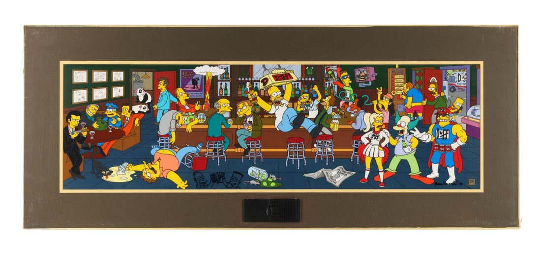 SIMPSONS, THE (TV SERIES, 1989-PRESENT) - Happy Hour at Moe's Tavern Limited Edition Sericel Signed: SIMPSONS, THE (TV SERIES, 1989-PRESENT) - Happy Hour at Moe's Tavern Limited Edition Sericel Signed and Remarqued Brad Ableson with Phrase Box - A spectacular panoramic limited edition sericel titled 