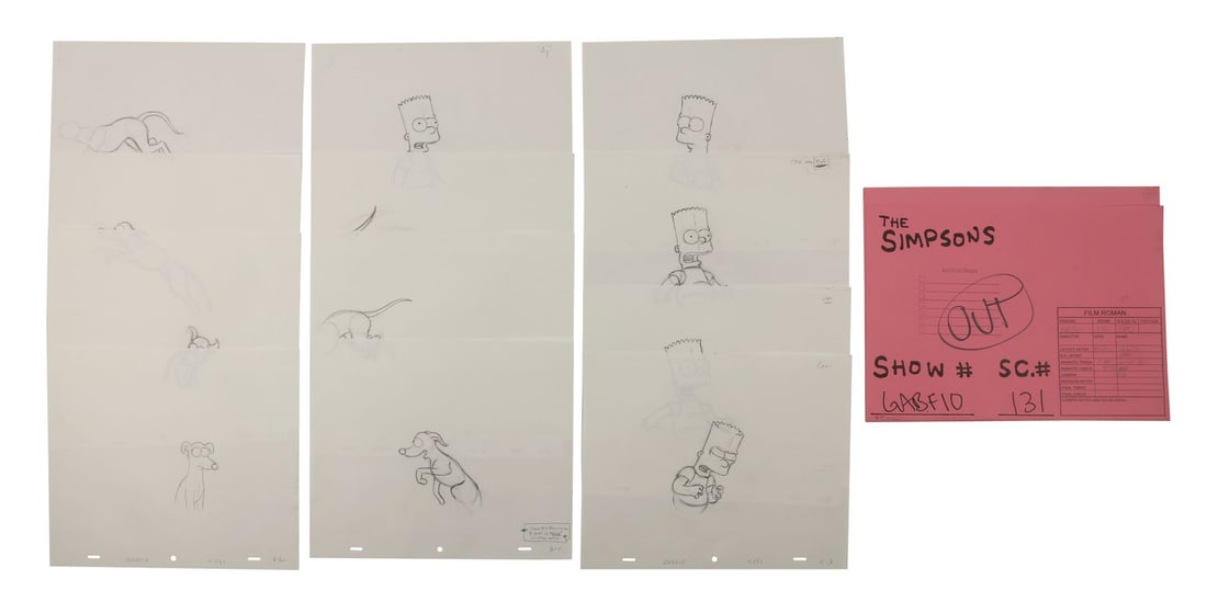 SIMPSONS, THE (TV SERIES, 1989-PRESENT) - Bart and Santa's Little Helper collection of Original: SIMPSONS, THE (TV SERIES, 1989-PRESENT) - Bart and Santa's Little Helper collection of Original Production Drawings, Camera Layout Drawings and Studio Folders from "Don't Fear The Roofer" - Bart and S