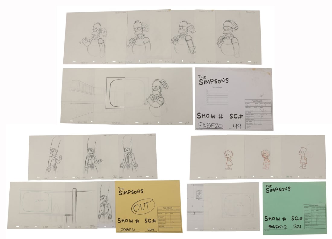 SIMPSONS, THE (TV SERIES, 1989-PRESENT) - Bart, Homer, Marge and Lisa collection of Original: SIMPSONS, THE (TV SERIES, 1989-PRESENT) - Bart, Homer, Marge and Lisa collection of Original Production Drawings, Camera Layout Drawings and Studio Folders - Four of Springfield's family across three 