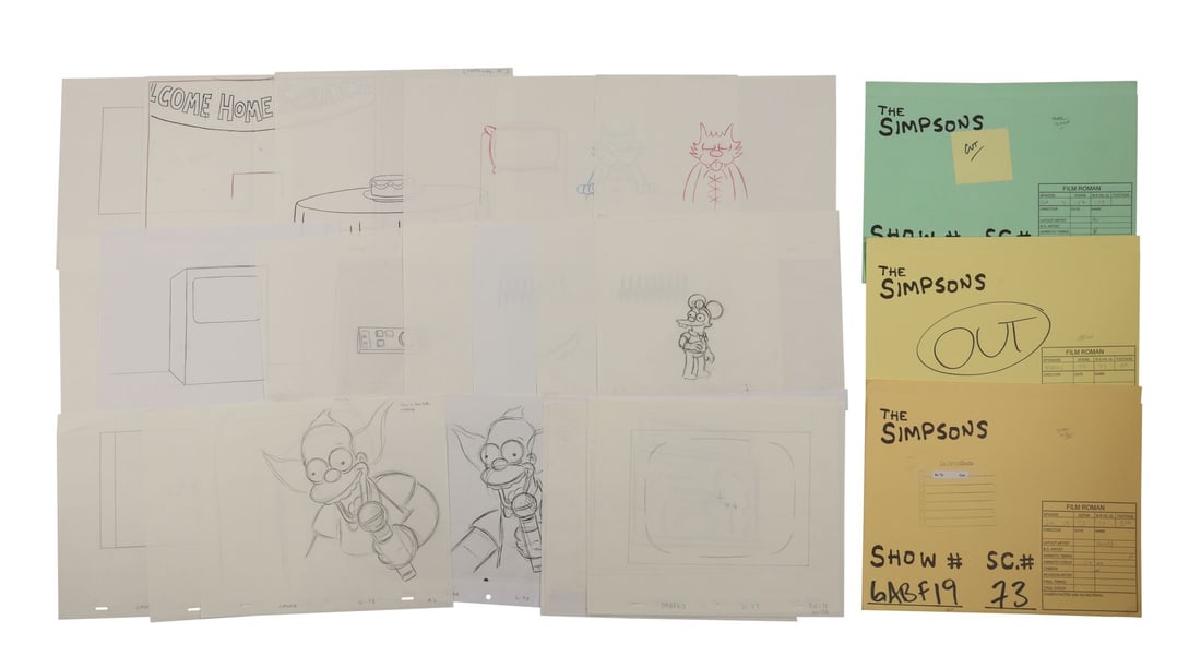 SIMPSONS, THE (TV SERIES, 1989-PRESENT) - Itchy, Scratchy, Krusty and Snake collection of Original: SIMPSONS, THE (TV SERIES, 1989-PRESENT) - Itchy, Scratchy, Krusty and Snake collection of Original Production Drawings, Camera Layout Drawings and Studio Folders - Krusty levels his microphone straigh