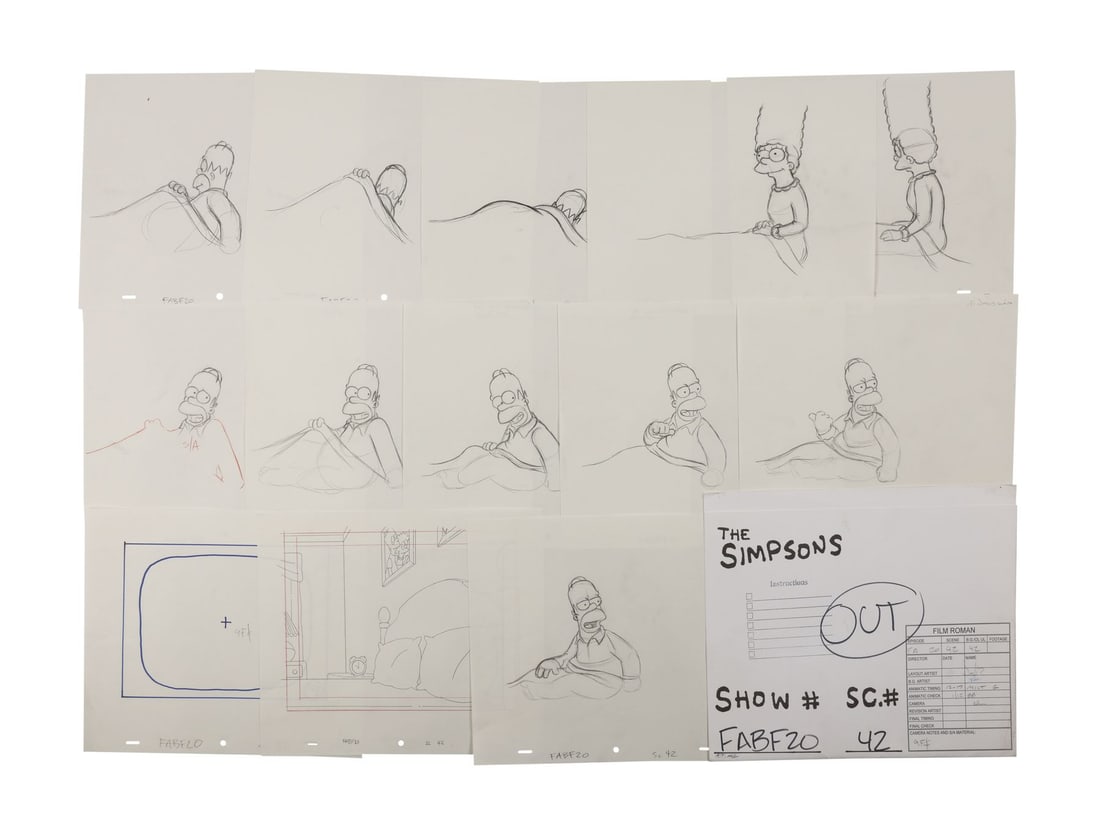 SIMPSONS, THE (TV SERIES, 1989-PRESENT) - Homer and Marge collection of Original Production: SIMPSONS, THE (TV SERIES, 1989-PRESENT) - Homer and Marge collection of Original Production Drawings, Camera Layout Drawings and Studio Folders - Homer wakes up alone in bed and discovers Marge has sl