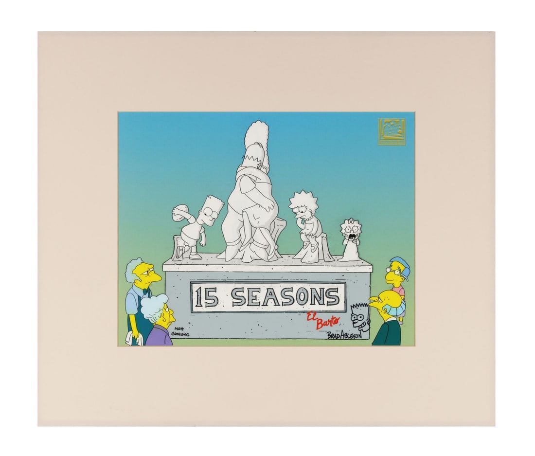 SIMPSONS, THE (TV SERIES, 1989-PRESENT) - 15 Seasons Celebration Crew Only Limited Edition Signed: SIMPSONS, THE (TV SERIES, 1989-PRESENT) - 15 Seasons Celebration Crew Only Limited Edition Signed and Remarqued by Brad Ableson Matted - The whole Simpson family carved as a stone monument, Homer crad