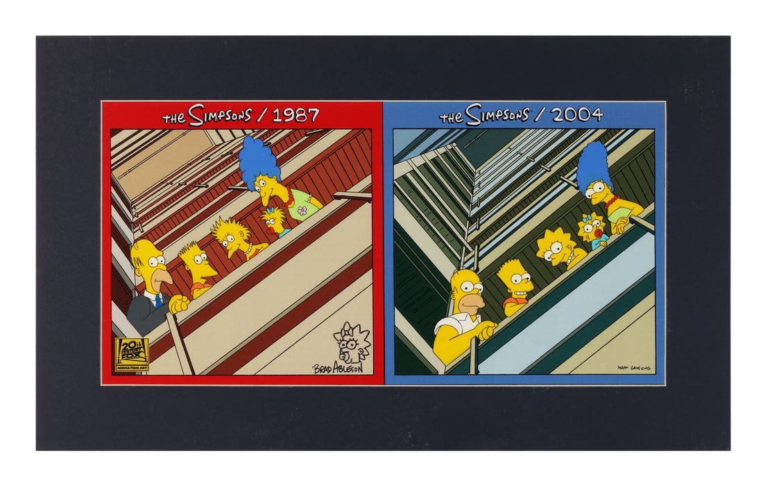 SIMPSONS, THE (TV SERIES, 1989-PRESENT) - Red Album / Blue Album Limited Edition Sericel Signed and: SIMPSONS, THE (TV SERIES, 1989-PRESENT) - Red Album / Blue Album Limited Edition Sericel Signed and Remarqued by Brad Ableson Matted - Anyone who has spent time with The Beatles' Red and Blue compilat