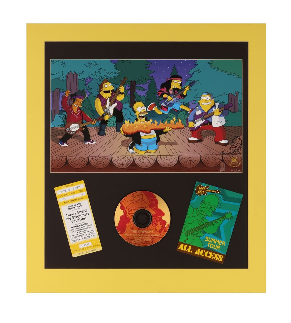 SIMPSONS, THE (TV SERIES, 1989-PRESENT) - Framed Rock 'n' Roll Fantasy Camp Limited Edition Giclée: SIMPSONS, THE (TV SERIES, 1989-PRESENT) - Framed Rock 'n' Roll Fantasy Camp Limited Edition Giclée No. 17/500 Signed and Remarqued by Brad Ableson - Homer fronts the band on a flaming guitar in "How 
