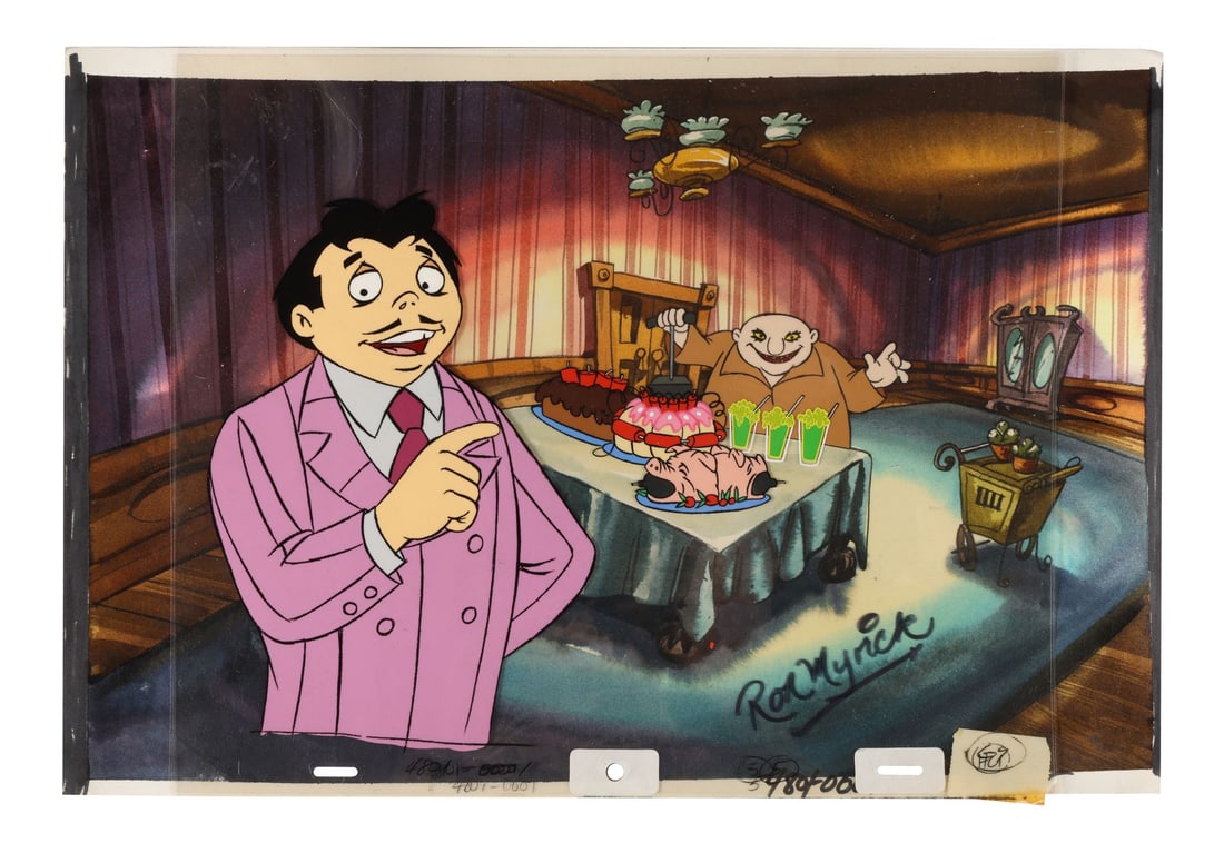 ADDAMS FAMILY, THE (TV SERIES, 1992-1993) - Gomez and Uncle Fester Original Production Cels on: ADDAMS FAMILY, THE (TV SERIES, 1992-1993) - Gomez and Uncle Fester Original Production Cels on Hand-Painted Key Master Production Background Signed by Ron Myrick - Gomez Addams grins straight down the