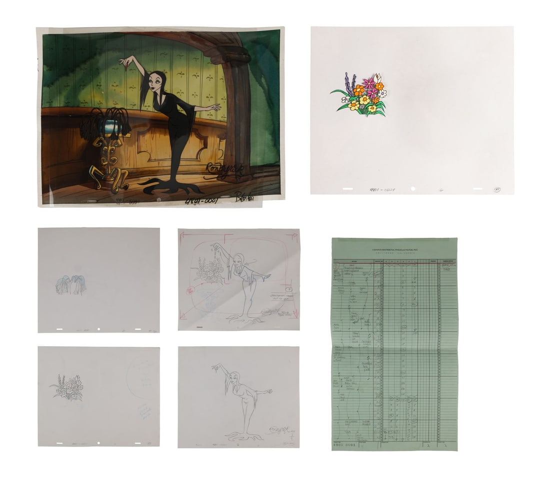 ADDAMS FAMILY, THE (TV SERIES, 1992-1993) - Morticia Addams Watering the Flowers Original Production: ADDAMS FAMILY, THE (TV SERIES, 1992-1993) - Morticia Addams Watering the Flowers Original Production Cels and Matching Production Drawings, Camera Layout Drawings Signed by Ron Myrick and Timing Sheet