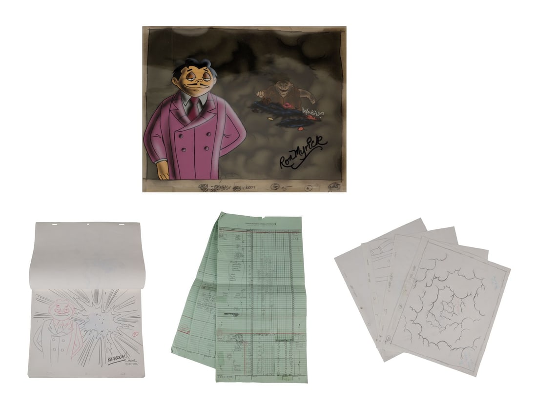ADDAMS FAMILY, THE (TV SERIES, 1992-1993) - Uncle Fester Creates an Explosive Scene Original: ADDAMS FAMILY, THE (TV SERIES, 1992-1993) - Uncle Fester Creates an Explosive Scene Original Production Cels Matching Production Drawings, Camera Layout Drawings Signed by Ron Myrick and Timing Sheet 