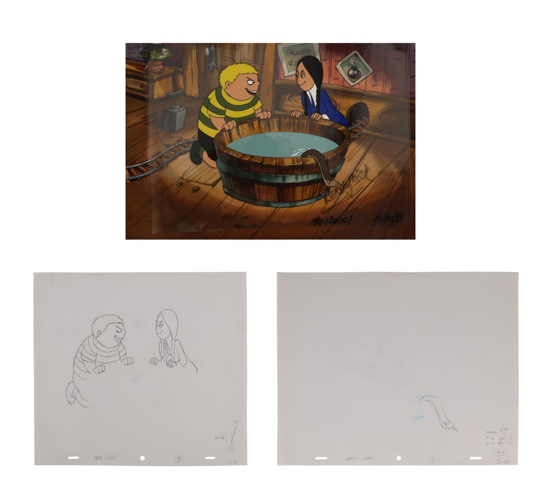 ADDAMS FAMILY, THE (TV SERIES, 1992-1993) - Pugsley and Wednesday Go Dunking Original Production: ADDAMS FAMILY, THE (TV SERIES, 1992-1993) - Pugsley and Wednesday Go Dunking Original Production Cels on Hand-Painted Key Master Production Background Signed by Ron Myrick - Pugsley and Wednesday are 