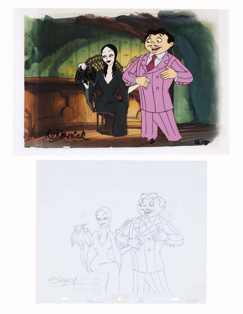ADDAMS FAMILY, THE (TV SERIES, 1992-1993) - Morticia and Gomez Addams Original Production Cel and: ADDAMS FAMILY, THE (TV SERIES, 1992-1993) - Morticia and Gomez Addams Original Production Cel and Matching Drawing on Fine Art Giclée Background Signed by Ron Myrick - Gomez and Morticia Addams and a