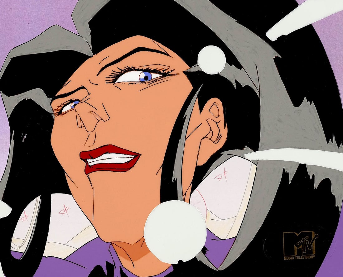 AEON FLUX (TV SERIES, 1991-1995) - Aeon Flux Original Production Cel on Printed Presentation: AEON FLUX (TV SERIES, 1991-1995) - Aeon Flux Original Production Cel on Printed Presentation Background - Aeon Flux built its reputation on the close-up. Peter Chung's series for MTV made a visual sig