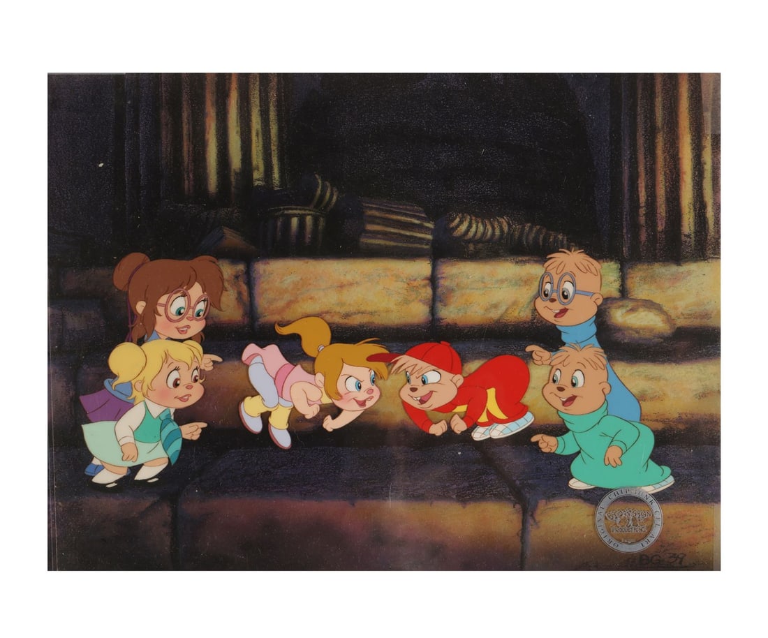 CHIPMUNK ADVENTURE, THE (1987) - Alvin, Simon, Theodore, and The Chipettes, Brittany, Jeanette,: CHIPMUNK ADVENTURE, THE (1987) - Alvin, Simon, Theodore, and The Chipettes, Brittany, Jeanette, Eleanor Original Production Cels on Studio Printed Production Background - All six of the chipmunks toge
