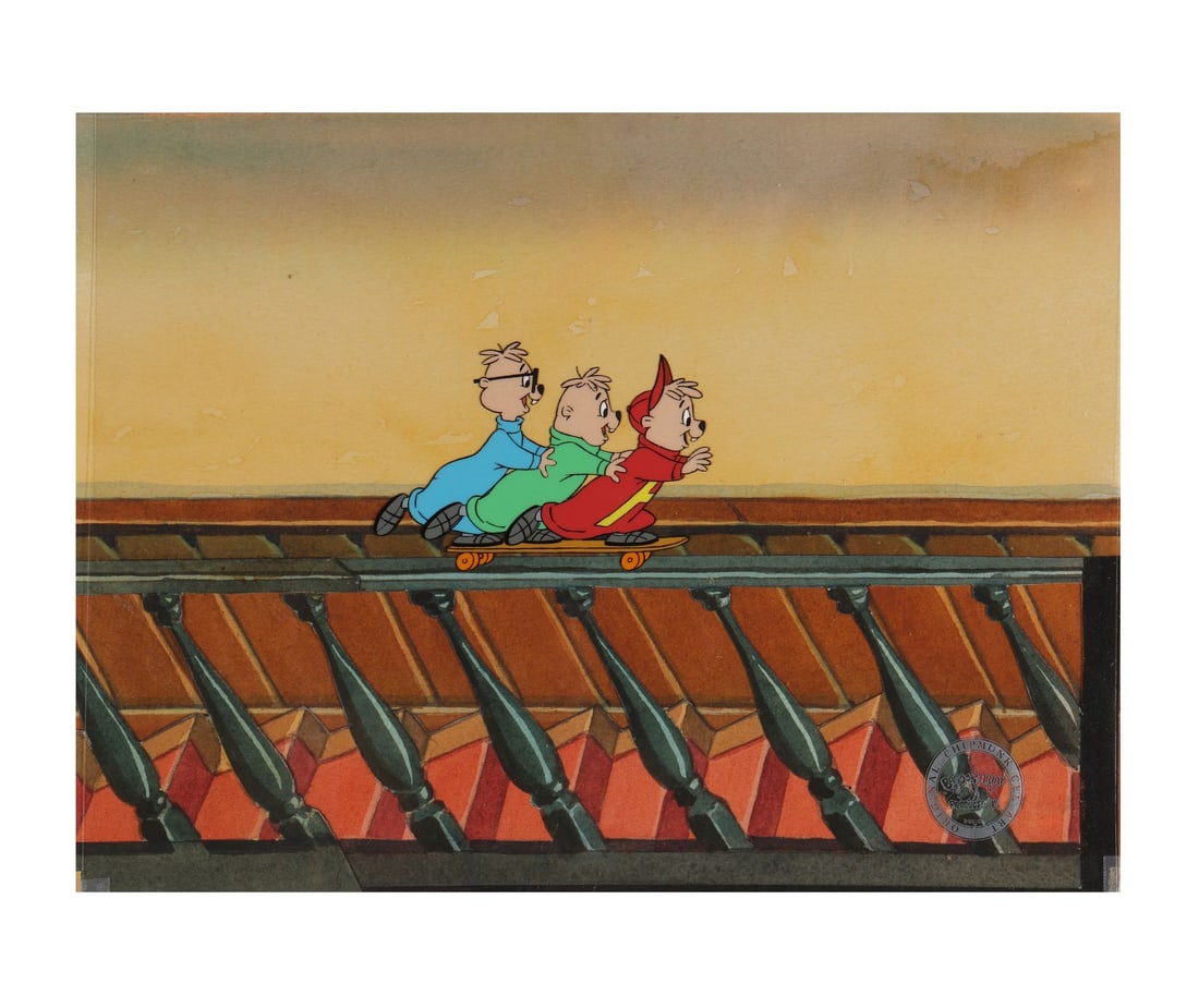 A CHIPMUNK CHRISTMAS CHUCK JONES TV SPECIAL (1981) - Alvin, Simon, Theodore Skating Original: A CHIPMUNK CHRISTMAS CHUCK JONES TV SPECIAL (1981) - Alvin, Simon, Theodore Skating Original Production Cels on Hand-Painted Key Master Production Background - A gorgeous key master production setup f