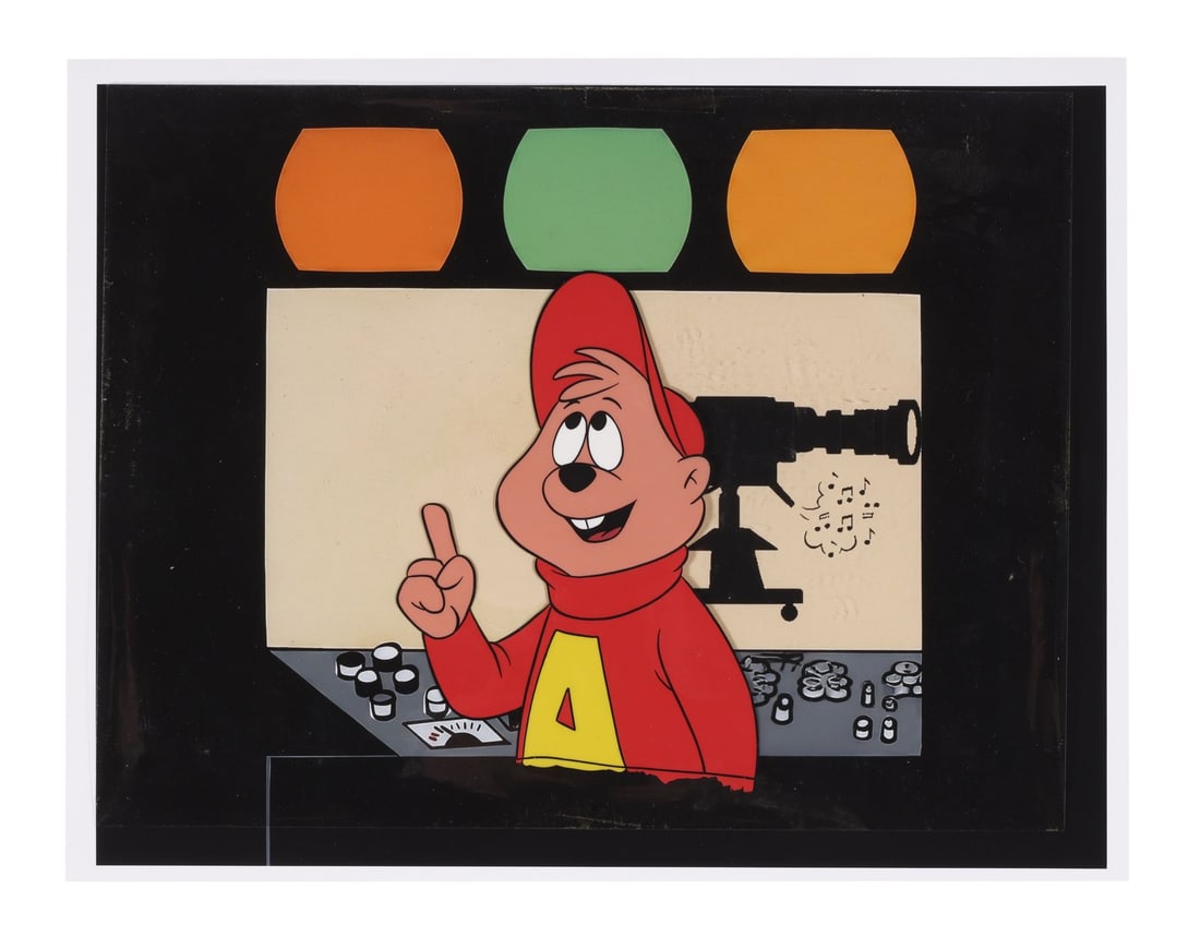 ALVIN SHOW, THE (TV SERIES 1961-1962) - Alvin in the Studio Original Production Cels on Hand-Painted: ALVIN SHOW, THE (TV SERIES 1961-1962) - Alvin in the Studio Original Production Cels on Hand-Painted Key Master Production Background - Alvin is at the recording console here, index finger raised, and