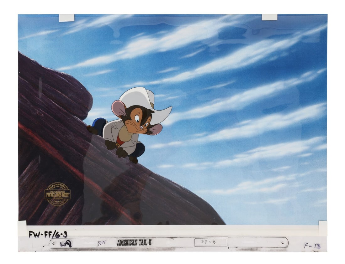 AN AMERICAN TAIL: FIEVEL GOES WEST (1991) - Fievel Mousekewitz Original Production Cel on Printed: AN AMERICAN TAIL: FIEVEL GOES WEST (1991) - Fievel Mousekewitz Original Production Cel on Printed Presentation Background - This is the moment, right after the opening titles, when Fievel Mousekewitz,
